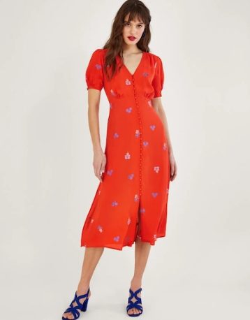 Monsoon Ollie embroidered tea dress in sustainable viscose orange