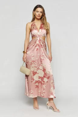 Reformation Nerida Floral Halter Cut Out Silk Dress Bellini