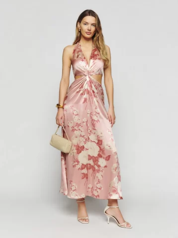 Reformation Nerida Floral Halter Cut Out Silk Dress Bellini