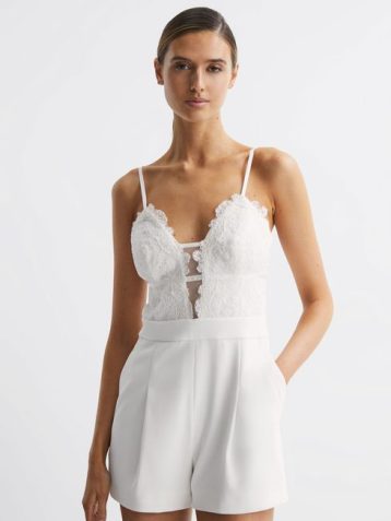 Reiss Daaphine Lace Plunge Neck Playsuit Ivory