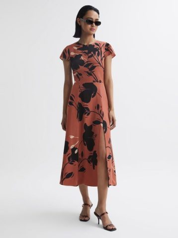 Reiss Floella Floral Printed Midi Dress Orange Blush Black