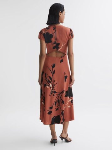 Reiss Floella Floral Printed Midi Dress Orange Blush Black