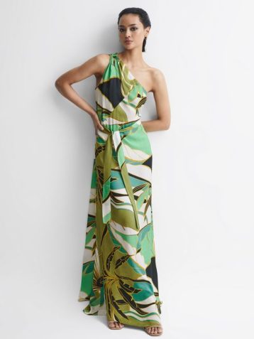 Reiss TIina Jungle Print One Shoulder Maxi Dress Green Multi