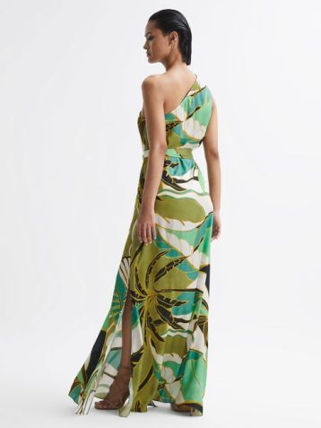 Reiss TIina Jungle Print One Shoulder Maxi Dress Green Multi