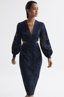 Reiss Zena Lace Cut-Out Midi Dress Navy Blue