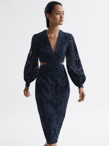 Reiss Zena Lace Cut-Out Midi Dress Navy Blue