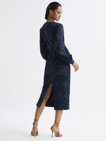 Reiss Zena Lace Cut-Out Midi Dress Navy Blue