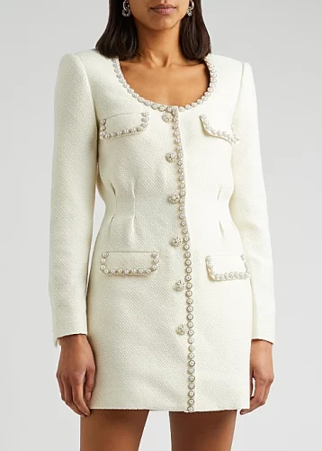 SELF-PORTRAIT Embellished tweed mini dress Ivory