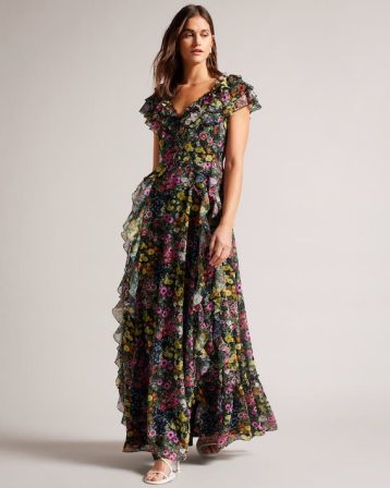 Ted Baker Adiie Floral Waterfall Ruffle Maxi Dress Black Multi