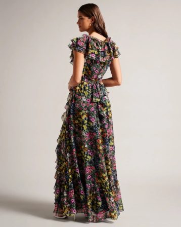 Ted Baker Adiie Floral Waterfall Ruffle Maxi Dress Black Multi