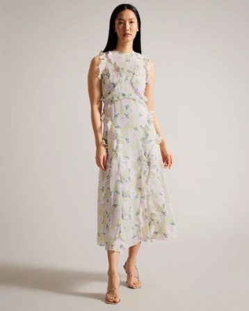 Ted Baker Calinia Sleeveless Waterfall Ruffle Midi Dress Lilac Multi