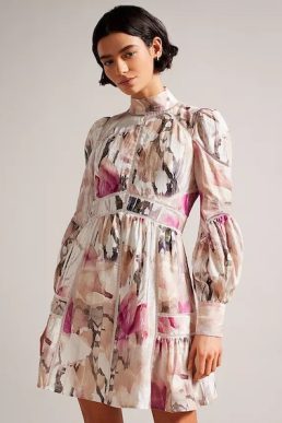 Ted Baker Fleurz Linen Sleeve Mini Dress Blush Pink Multi