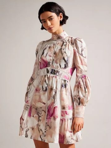 Ted Baker Fleurz Linen Sleeve Mini Dress Blush Pink Multi