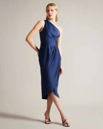 Ted Baker Gabie One Shoulder Drape Midi Dress Dark Blue