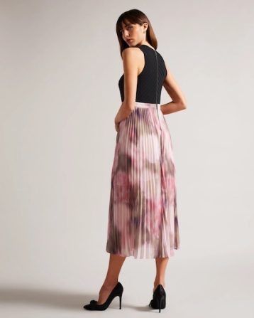 Ted Baker Loulous Midi Dress With Floral Pleated Skirt Blush Black