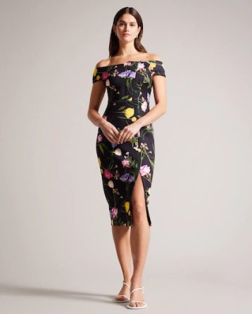 Ted Baker Loveina Floral Bardot Bodycon Dress Black Multi