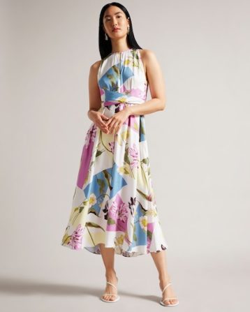 Ted Baker Saanvii Floral Halter Neck Midi Dress White Pink Multi