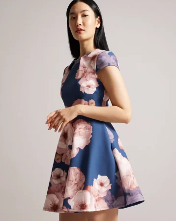 Ted Baker Trinia Floral Print Skater Dress Dark Blue Pink Blush