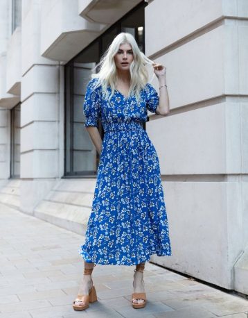 Threadbare Women's Blue Floral Button Down Front Midi Dress