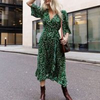 Threadbare Women s Green Leopard Print Midi Wrap Dress