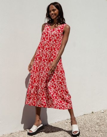 Threadbare Women's Red Floral Print Tiered V-Neck Midi Dress