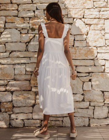 Threadbare Women's White Linen Blend Tiered Midi Dress