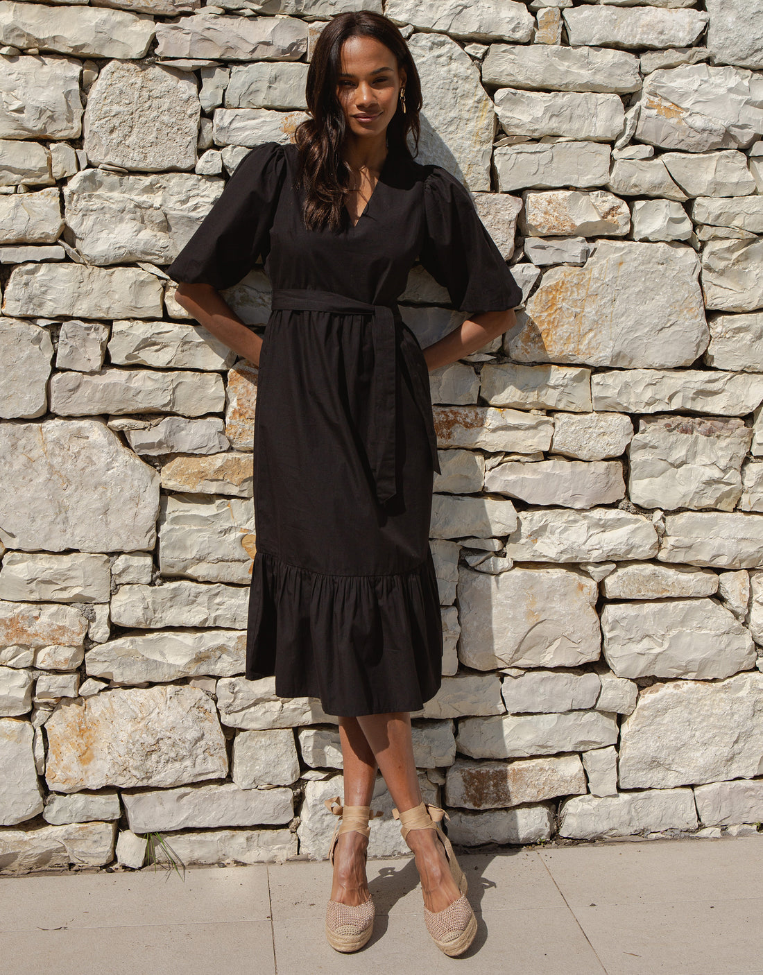 Black Cotton Poplin V Neck Tie Belt Puff Sleeve Tiered Midi Dress, £35.99