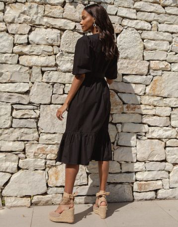 Cotton Poplin V Neck Tie Belt Puff Sleeve Tiered Midi Dress