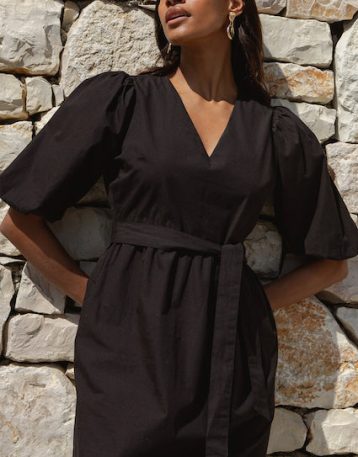 Cotton Poplin V Neck Tie Belt Puff Sleeve Tiered Midi Dress