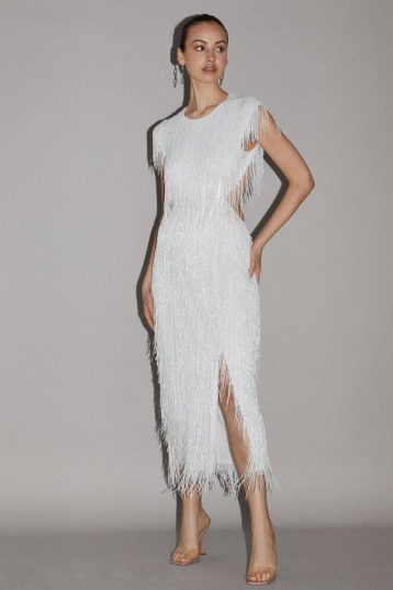 Coast Iridescent Ivory Premium Embellished Fringe Midi Dress