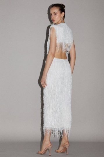 Coast Iridescent Ivory Premium Embellished Fringe Midi Dress