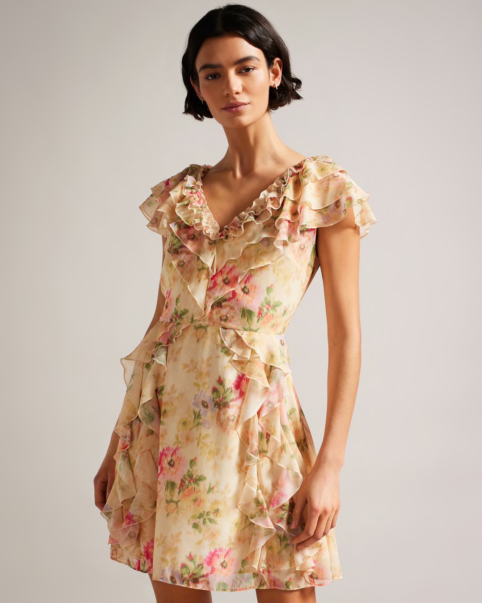 Ammiah Frilled Floral V Neck Mini Dress