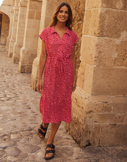 Red & Pink Leopard Print Shirt Style Midi Tea Dress £37.99