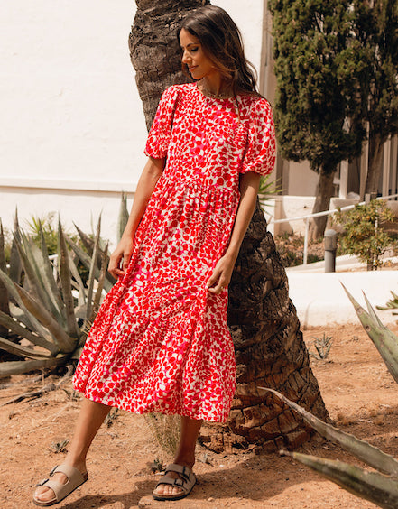 Red Abstract Spot Print Puff Sleeve Tiered Smock Midi Dress £37.99