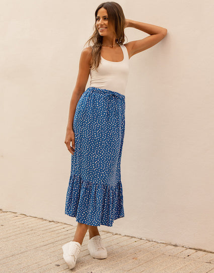 Blue Fleck Print Drawstring Waist Frill Hem Midi Skirt