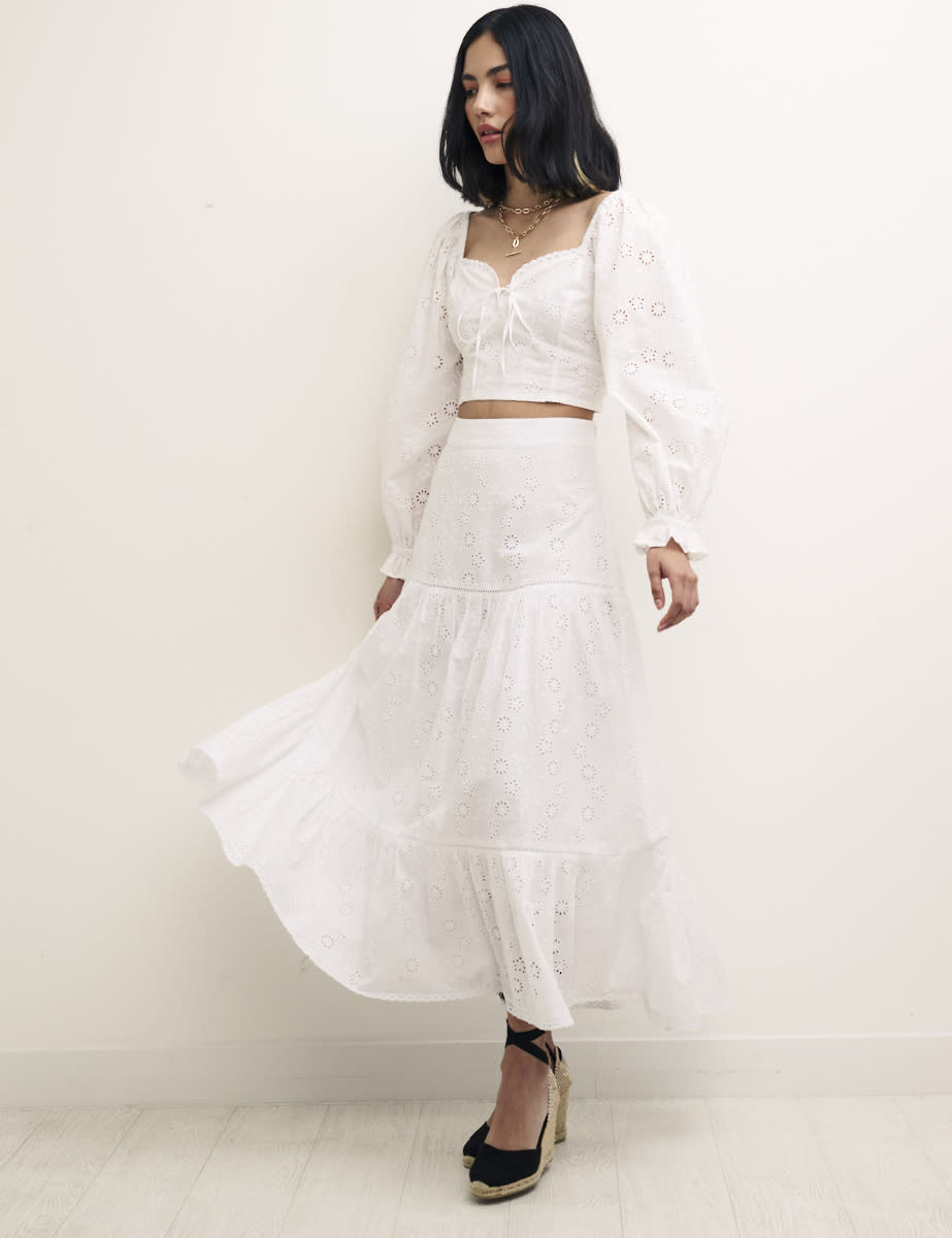 White Broderie Summer Midi Skirt Organic Cotton, From £69.00