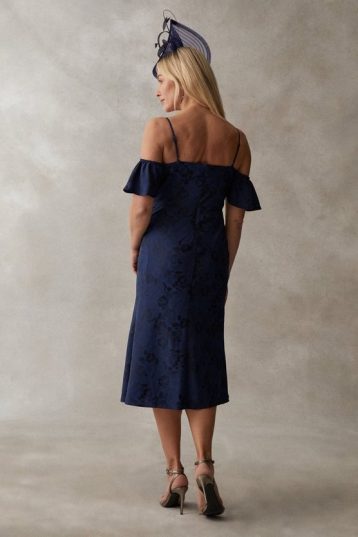 Coast Cold Shoulder Flutter Sleeve Satin Jacquard Dress Navy