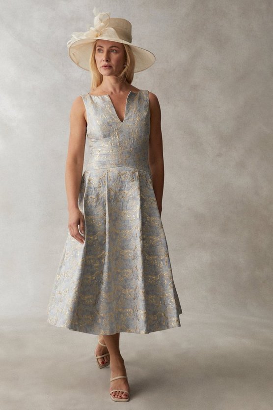 Coast Cross Front Jacquard Dress Blue Gold