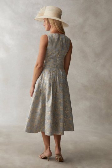 Coast Cross Front Jacquard Dress Blue Gold