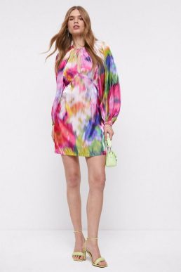 Coast Mini Organza Dress With Blouson Sleeve Pink Multi