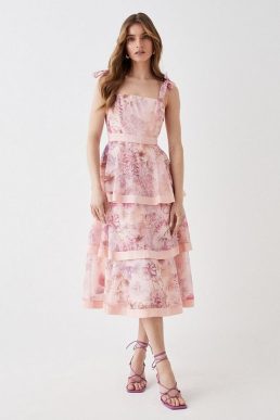 Coast Organza Tiered Midi Dress Pink