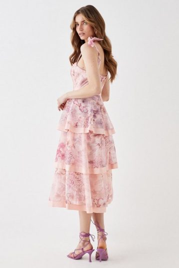 Coast Organza Tiered Midi Dress Pink