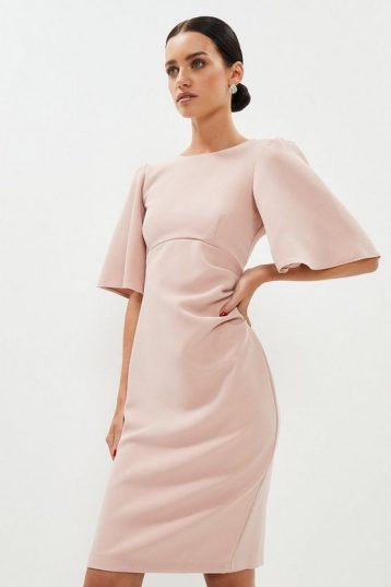 Coast Petite Flare Sleeve Ruche Midi Dress Light Blush Pink