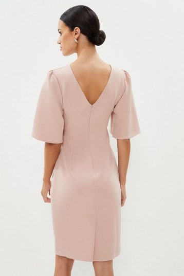 Coast Petite Flare Sleeve Ruche Midi Dress Light Blush Pink