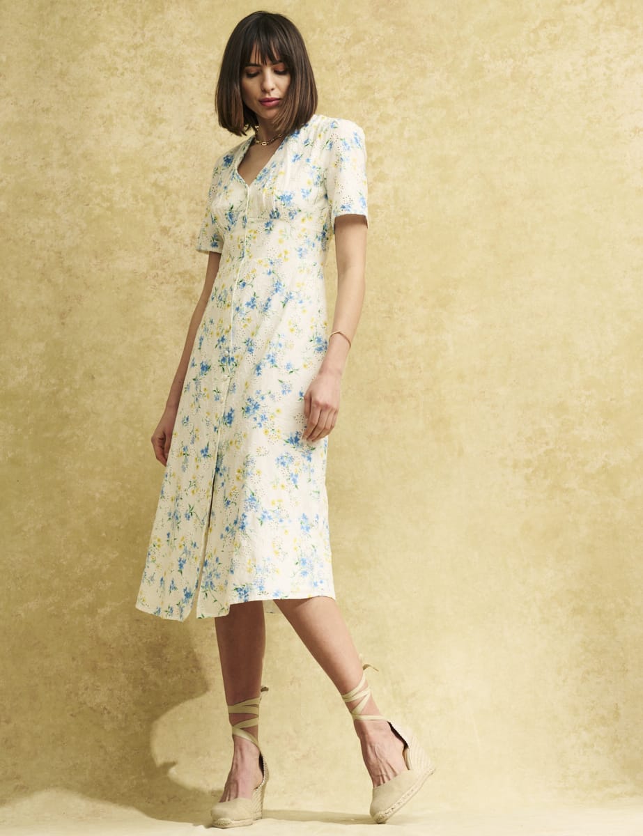 White Vintage Floral Broderie Alexa Midi Dress Organic Cotton, £79