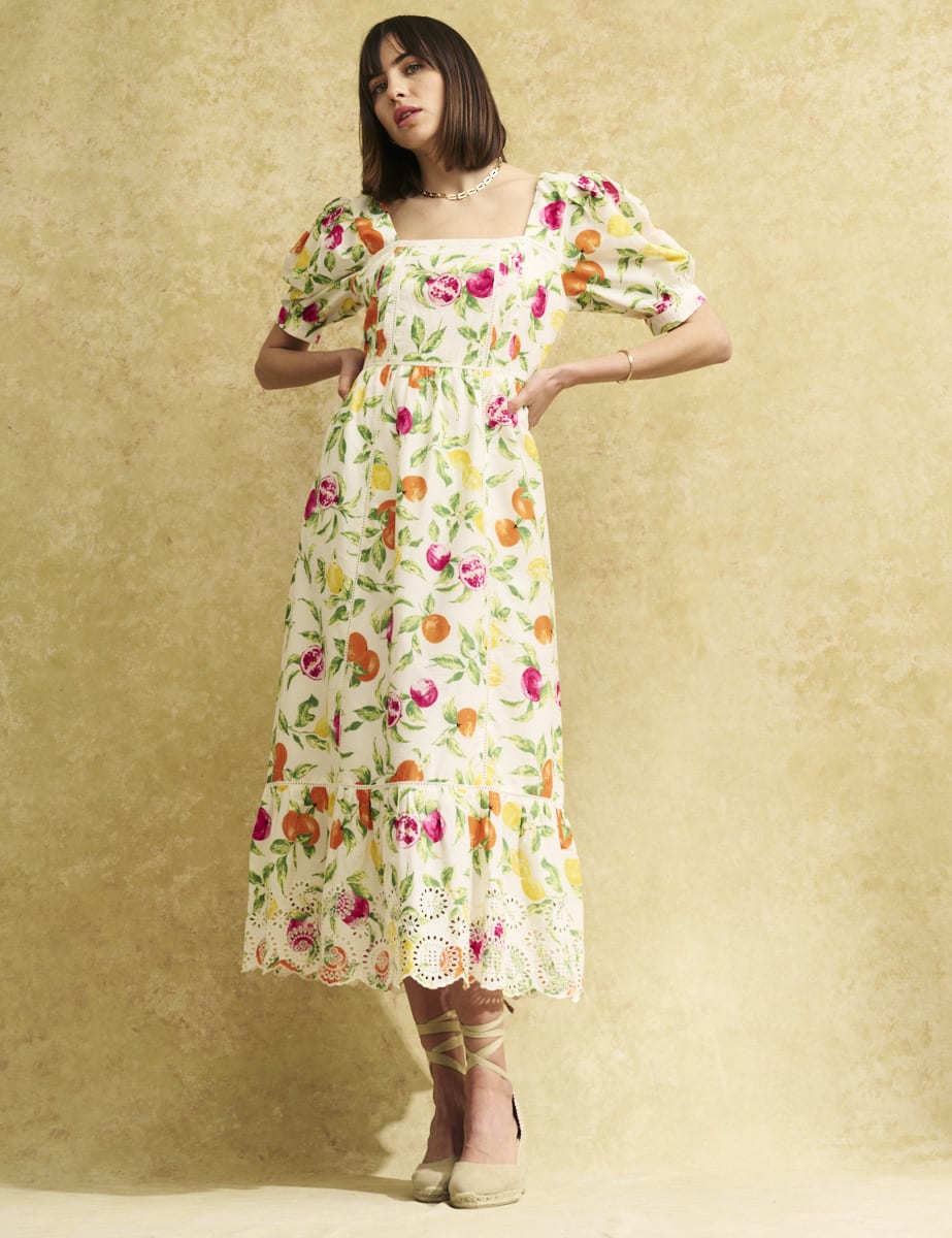 White Fruit Print Isla Midaxi Dress Organic Cotton, £79