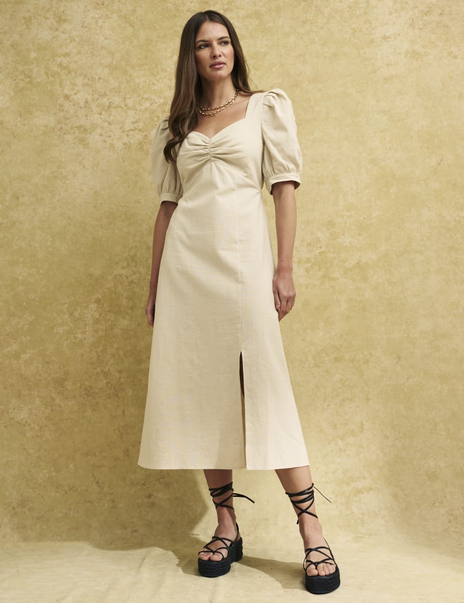 Cream Linen-blend Sweetheart Rosie Midi Dress Organic Cotton, £65