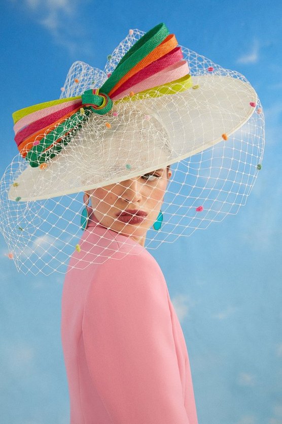 Lisa Tan Rainbow Bow And Mesh Wide Brim Hat