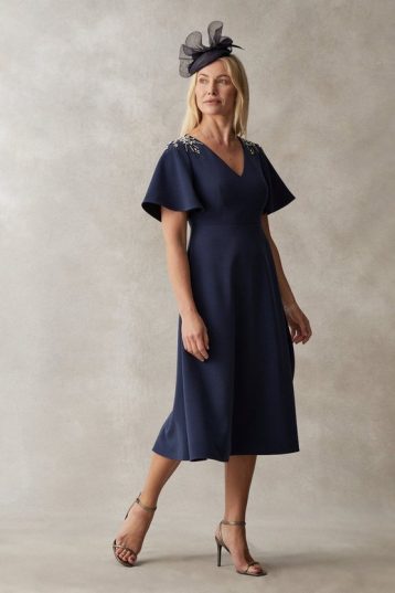 Coast Premium Flutter Sleeve Embellished Midi Dress Navy Blue