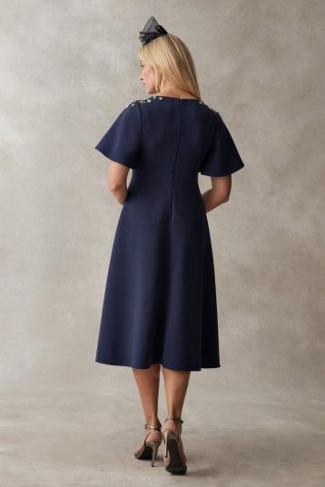 Coast Premium Flutter Sleeve Embellished Midi Dress Navy Blue